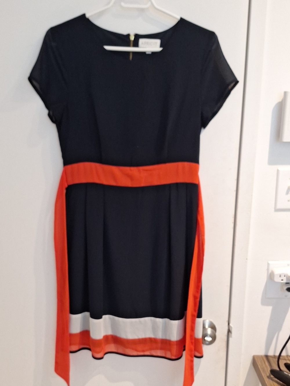 Elegant Navy Dress with Orange Sash - Stylish Women's Dress